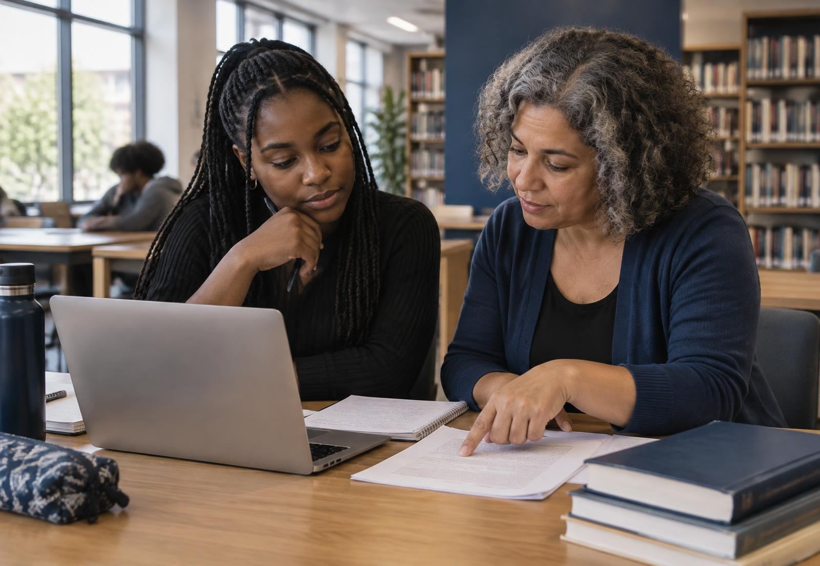 Professora aponta um parágrafo impresso enquanto a aluna acompanha ao lado do notebook, numa biblioteca universitária