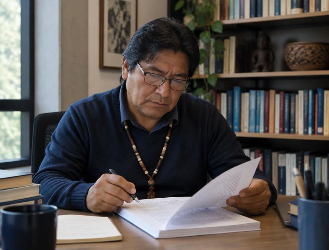 Professor de óculos lê uma versão impressa do trabalho, com caneta na mão, em seu gabinete